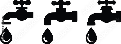 Water Faucet Icons with Droplets, Plumbing, Leak, and Conservation Vector Set.


