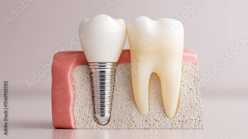 Cross-Section View of Dental Implant Positioned in Lower Jaw with Surrounding Teeth on a Clinically Clean Background