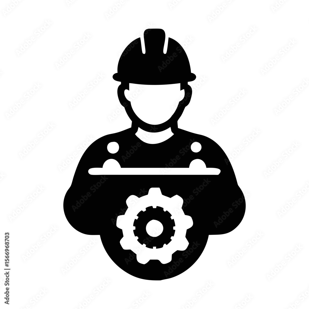 Obraz premium Engineer worker wearing hard hat holding gear mechanism, manufacturing and industry illustration