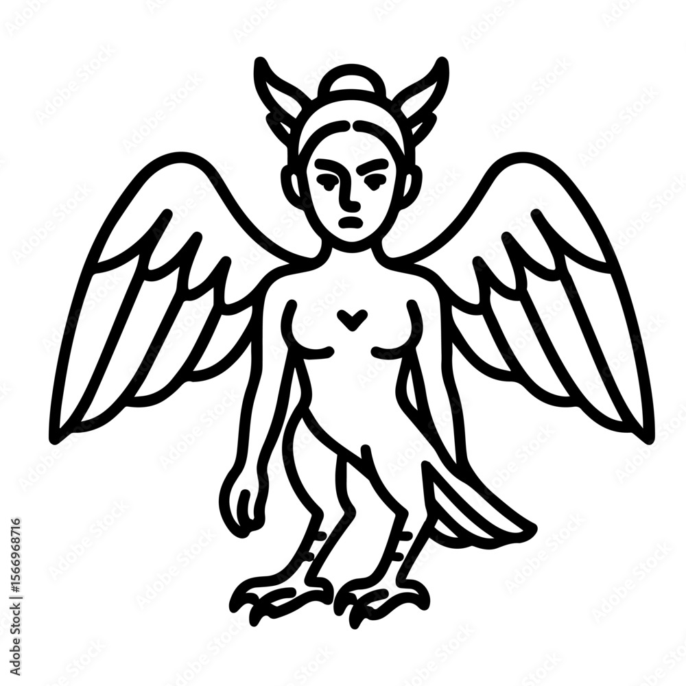 Fototapeta premium line icon mythical creature Harpy vector on white background Vector line icon on white background