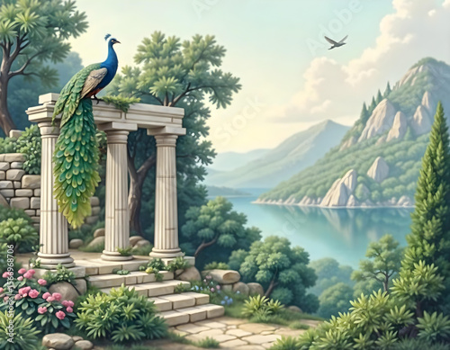 Greek Monument Garden Vector – Ancient Architecture with Peacocks and Watercolor Botanical Background, Elegant Landscape Illustration for Print and Decor
