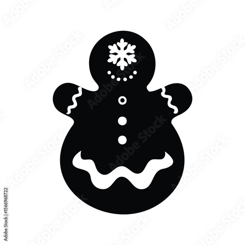 Stylized black and white gingerbread man cookie graphic with snowflake detail