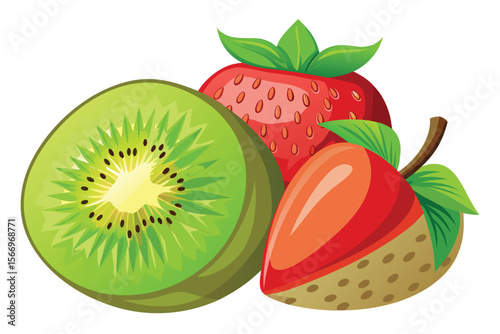 Fresh, juicy kiwi and ripe strawberries isolated on white