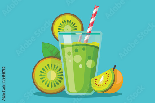 Refreshing tropical fruit cocktails with kiwi, lemon, and lime in a glass with ice and a straw, perfect for a summer beverage