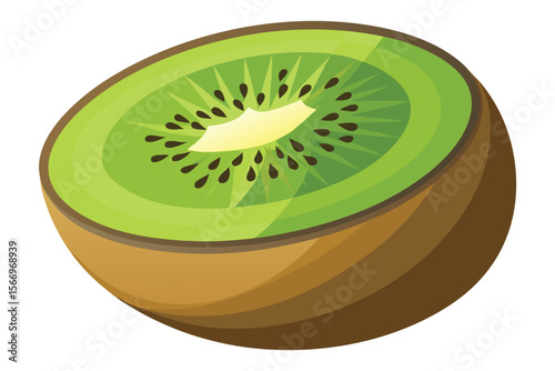 Close-up of a fresh, ripe kiwi fruit slice isolated on a white background, highlighting its vibrant green, juicy, and healthy tropical nature