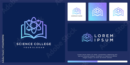 Science college logo design with abstract atom and book