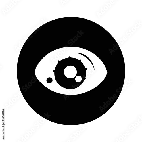 Simple black and white eye icon with circular background design