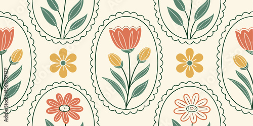 Seamless floral pattern displays red, yellow, green flowers in scalloped oval frames on beige
