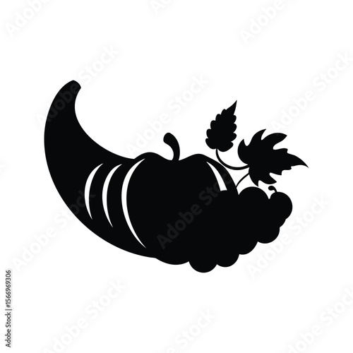 Black silhouette cornucopia filled with autumn harvest bounty like pumpkin and grapes