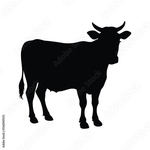 Silhouette of a horned cow standing calmly in a white background