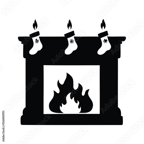 Three Christmas Stockings Hanging Above the Fireplace, Solid Black Silhouette Icon