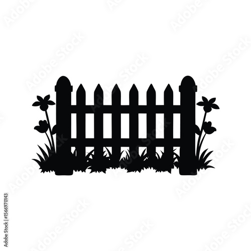 Silhouette of a classic picket fence surrounded by flowers and greenery