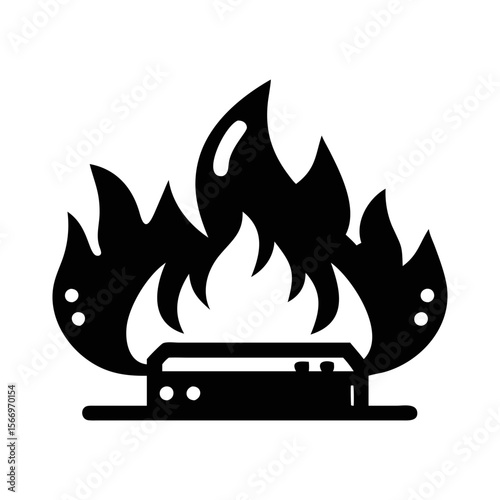 Black and white vector drawing of a gas burner with flames