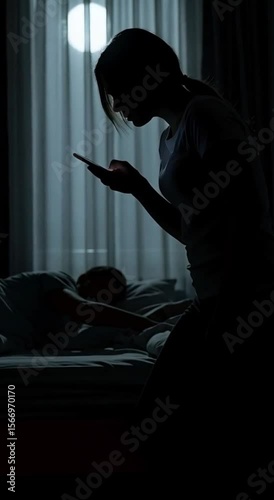 Worried wife silhouette secretly checking husband phone in dark bedroom at night. Tense atmosphere of suspicion and privacy invasion, relationship crisis in dimly lit interior.


