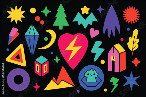 Bold geometrical shapes create a vibrant and playful composition against a stark black background