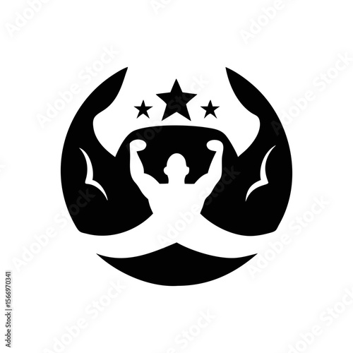 Triumphant bodybuilder with star motivation inside a muscular arm circle design