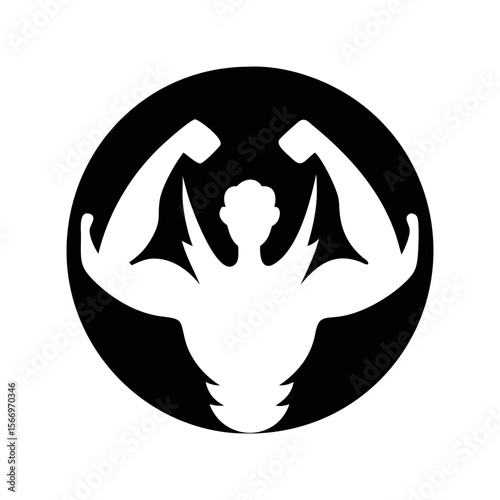 Stylized muscular figure within black circle, showcasing fitness and strength concept