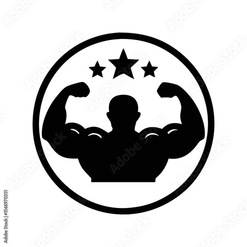 Powerful bodybuilder flexing muscles inside a circle with stars logo design