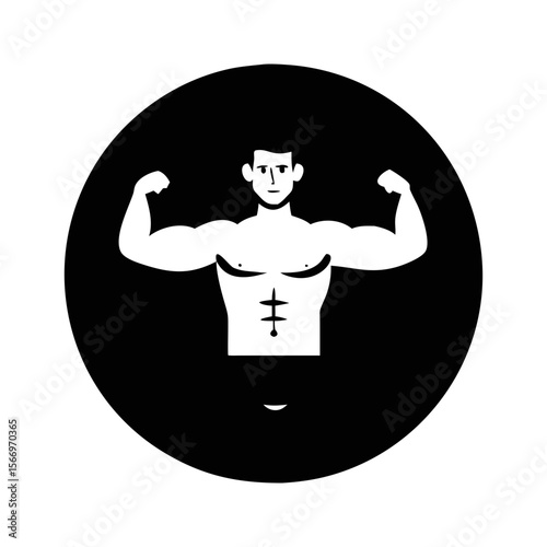 Black and White Illustration of a Muscular Man Flexing His Biceps