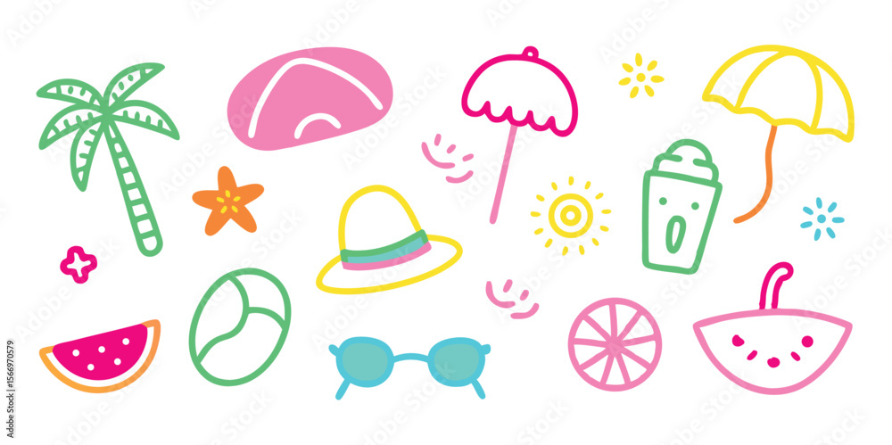 Fototapeta premium Playful cartoon icons feature cheerful summer themes against a pristine white background, creating tropical vacation vibes