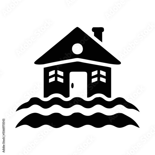Black silhouette of a house flooded with water due to heavy rain