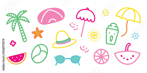 Playful cartoon icons feature cheerful summer themes against a pristine white background, creating tropical vacation vibes