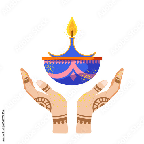 Traditional Indian festival of lights Diwali. Set of attributes for festive decor. Vector illustration. In a flat style on a white background.