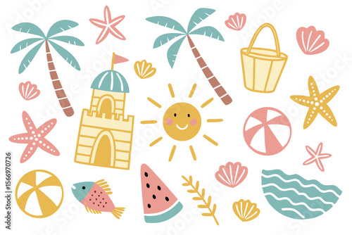 Colorful beach items like sandcastle, watermelon, starfish, and happy sun shine brightly against a white background