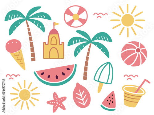 Various whimsical, colorful beach themed summer icons float against a transparent backdrop