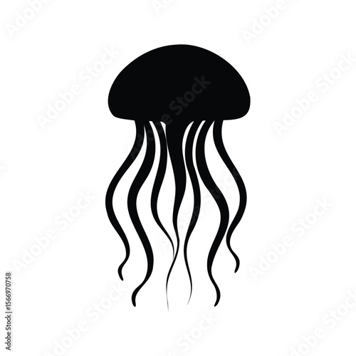Stylized black jellyfish silhouette on a white background with flowing tentacles