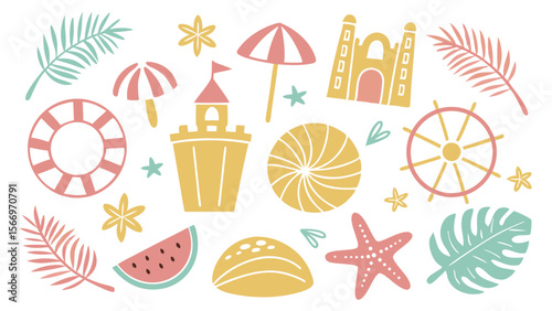 Colorful summer elements are scattered randomly across a bright white background in this cute drawing