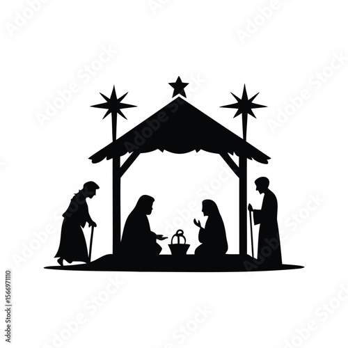 Silhouette depiction of a Nativity scene with Mary Joseph and visitors