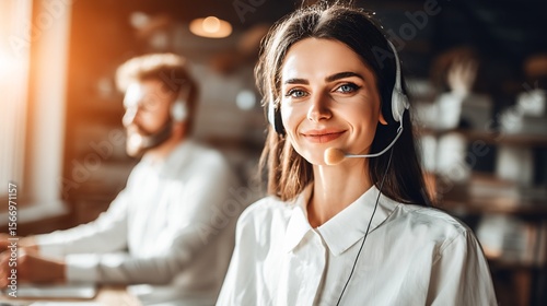 Young Woman in White Shirt with Headset in Office Environment