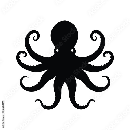 Symmetrical Octopus Silhouette Illustration with Curled Tentacles on a White Background