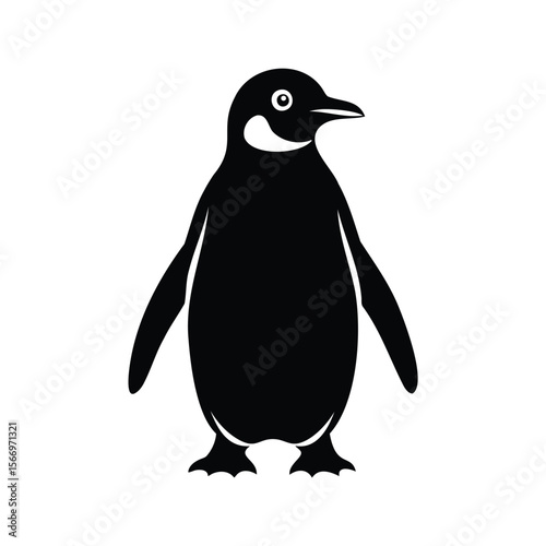 Stylized minimalist black and white illustration of an emperor penguin standing erect