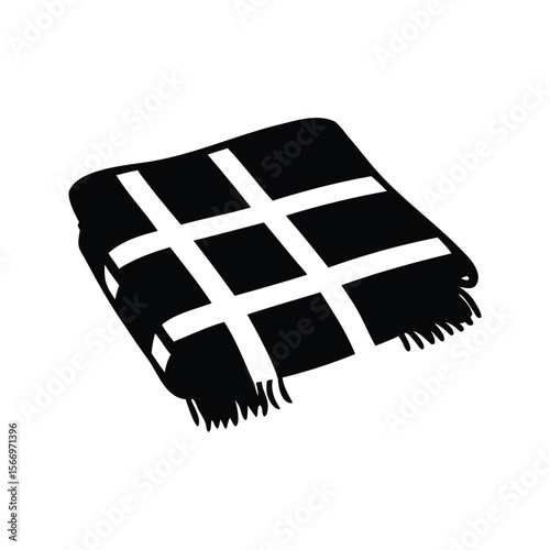 Cozy black blanket with white grid pattern and fringed edges illustration