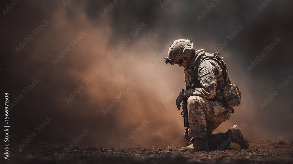 A soldier kneeling on the ground with a backpack on ภาพถ่ายสต็อก ...