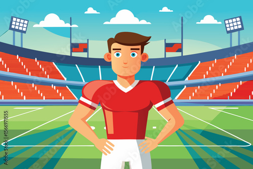 American football player on stadium field running with ball, a competitive team sport illustration