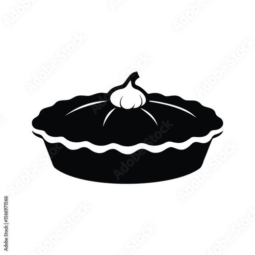Graphic black and white illustration of a pumpkin pie with crust detail