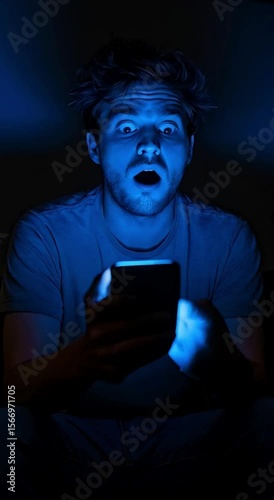 Shocked husband silhouette reading wife’s phone in secret at night, suspicious man spying partner mobile device, discovering surprising message alone indoors

