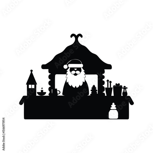 Silhouette of Santa Claus in a Cabin with Christmas Decorations and Gifts