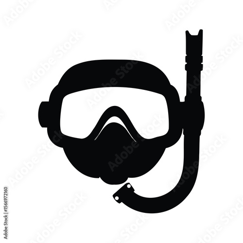 Black and white graphic illustration of scuba diving mask and snorkel
