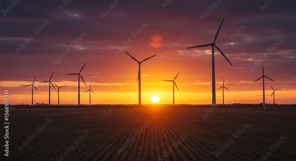 Obraz premium Wind Turbines Silhouetted Against Fiery Sunset, Renewable Energy Concept