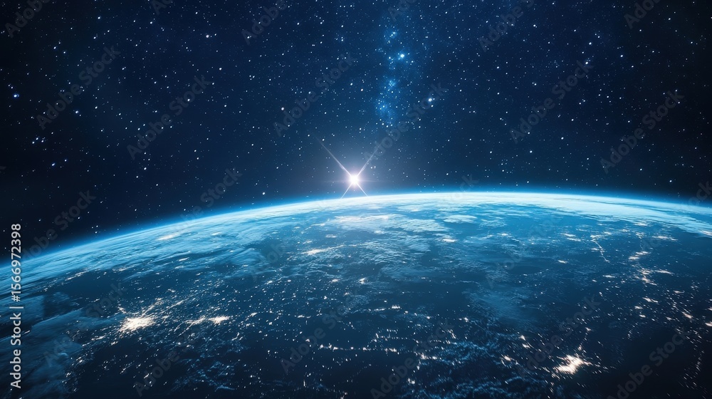 Fototapeta premium Stunning View of Earth from Space at Dawn with Bright Sun Rising