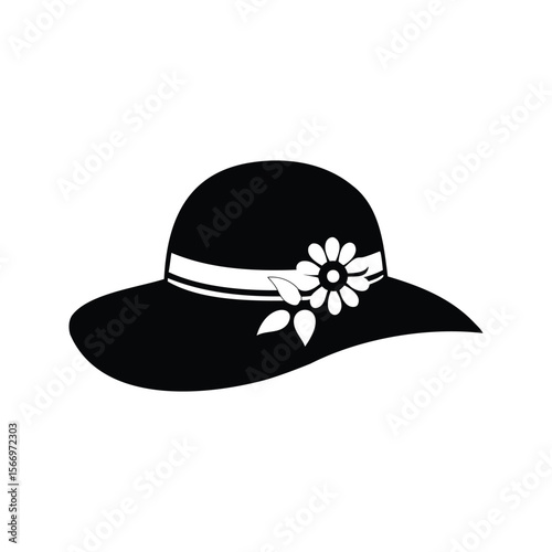 Elegant Black Hat with White Flower and Ribbon Accent on White Background