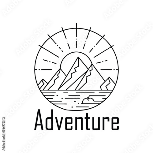 Minimal mountain and sun line art with inspirational adventure quote, simple nature illustration for travel, exploration, hiking, wanderlust design