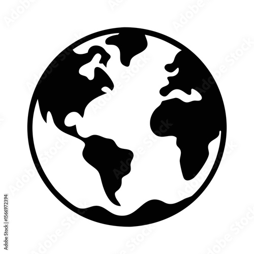 Stylized globe illustration featuring continents and surrounding ocean in black and white