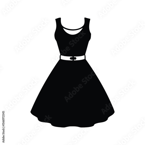 Elegant Little Black Dress with Belt Silhouette on a White Background