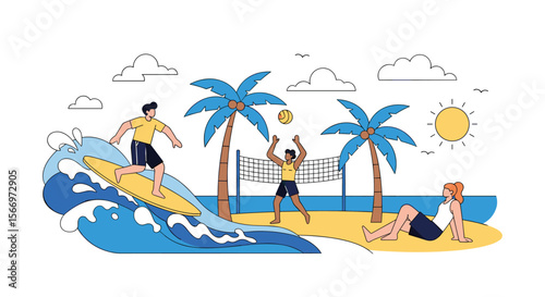 People enjoying tropical beach activities surfing volleyball and relaxing under palm trees on a sunny day