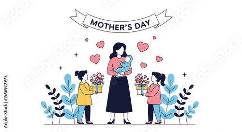 Happy mothers day illustration celebrating love with family giving flowers and gifts a sweet family moment